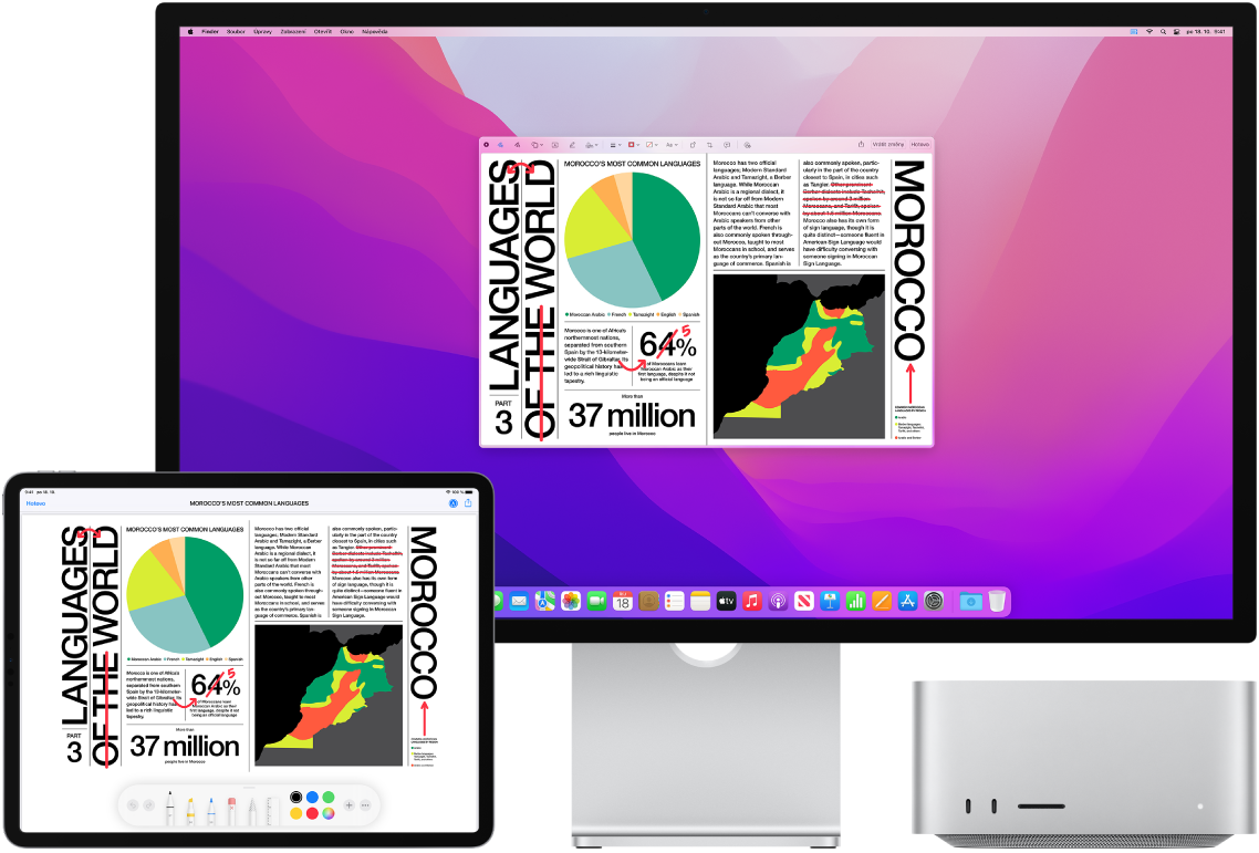 Mac Studio a iPad vedle sebe. Na obou displejích je vidět článek s červeně vepsanými ručními korekturami, například přeškrtnutými větami, šipkami a vloženými slovy. U dolního okraje obrazovky iPadu se zobrazují také ovládací prvky pro anotace.