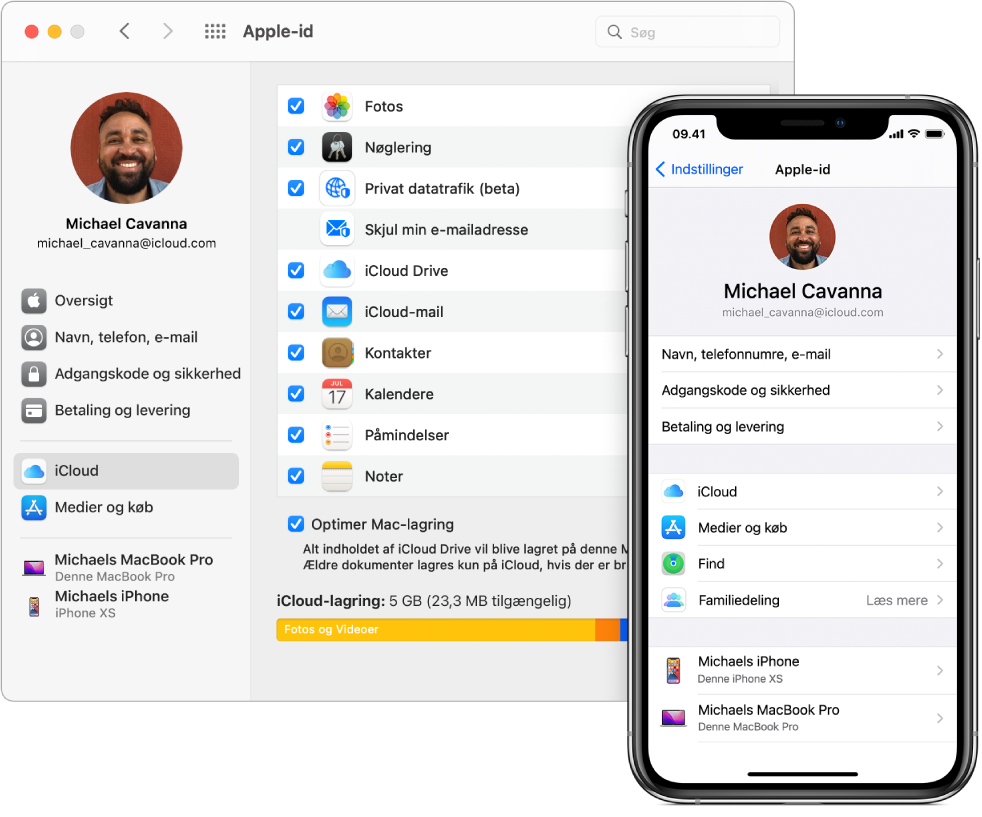 iCloud-indstillinger på en iPhone og vinduet iCloud på Mac.