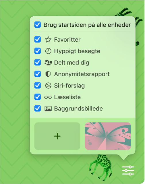 Lokalmenuen Indstil Safari med afkrydsningsfelter til Favoritter, Hyppigt besøgte, Anonymitetsrapport, Siri-forslag, Læseliste og Baggrundsbillede.