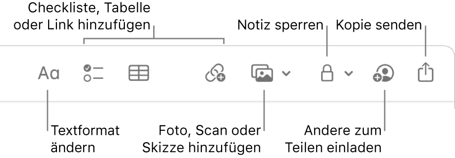 Die Symbolleiste der App „Notizen“ mit den Tools für das Textformat, Checklisten, Tabellen, Links, Fotos/Medien sowie zum Schützen, Teilen und Senden einer Kopie