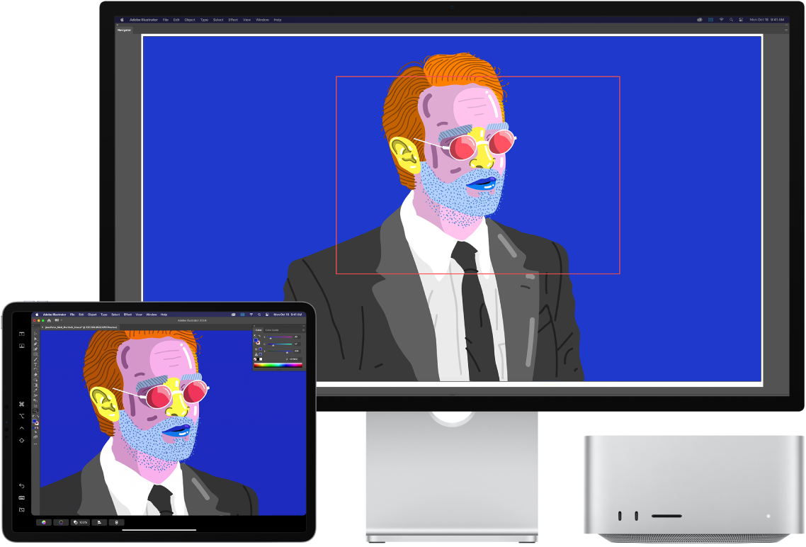 A Mac Studio and an iPad sit side by side. The Mac Studio shows art within the navigator window of Illustrator. The iPad shows the same art in the document window of Illustrator, surrounded by toolbars.