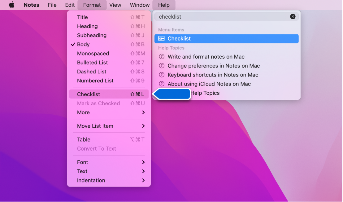 The Help menu showing a search for “checklist” with Checklist highlighted in the Format menu.