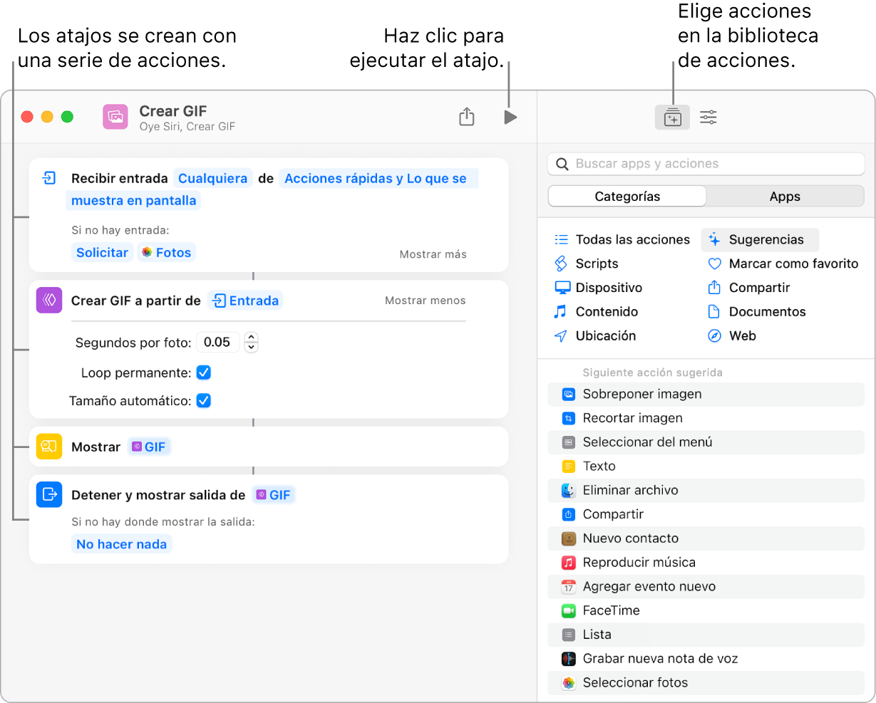 El editor de atajos “Crear GIF” en la parte izquierda y la biblioteca de acciones en la derecha.