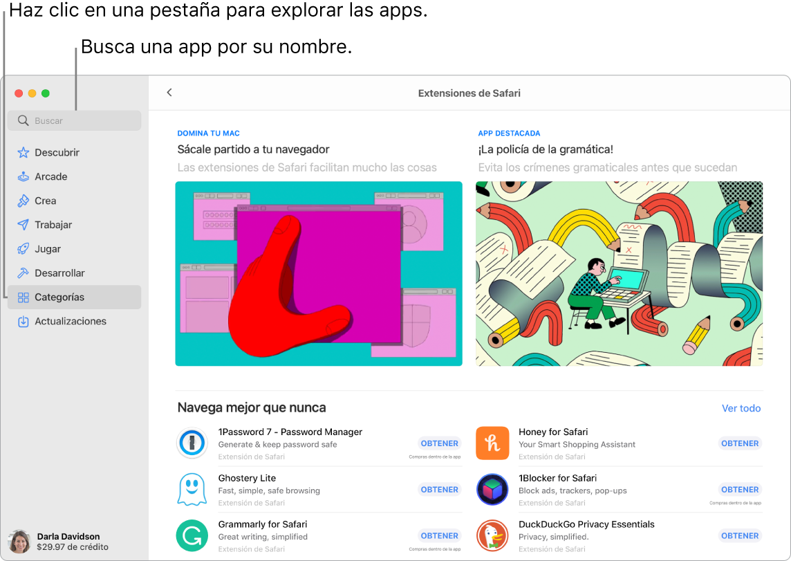 Ventana de App Store mostrando el campo de búsqueda y una página de Extensiones de Safari.