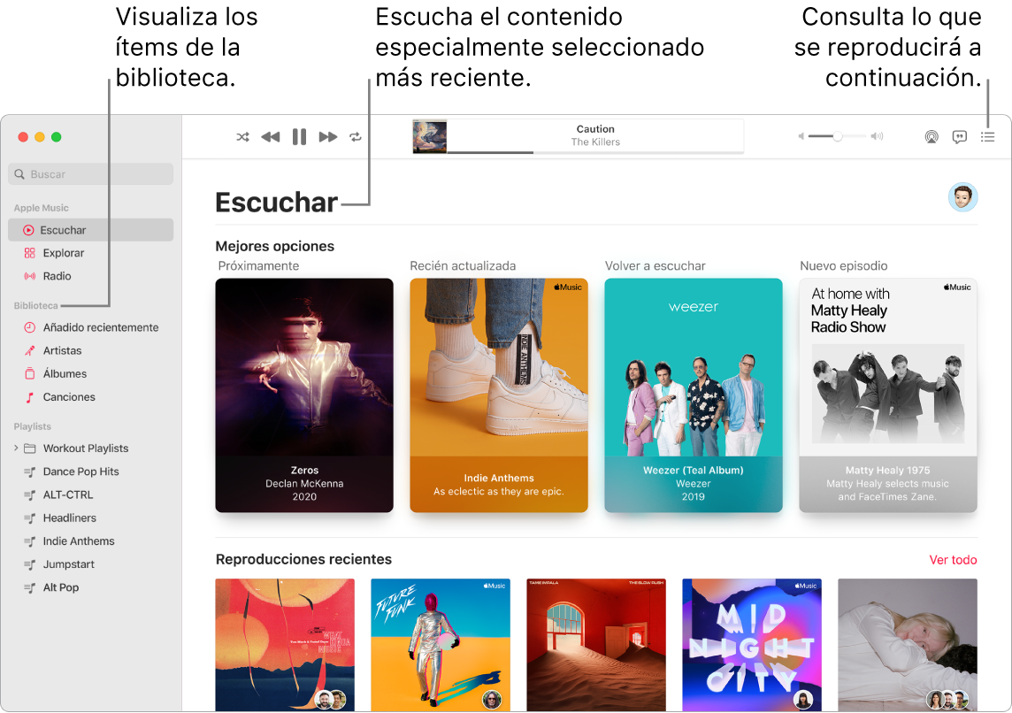 Una ventana de la app Música donde se muestra cómo ver tu biblioteca, escuchar Apple Music y ver qué se reproducirá a continuación.