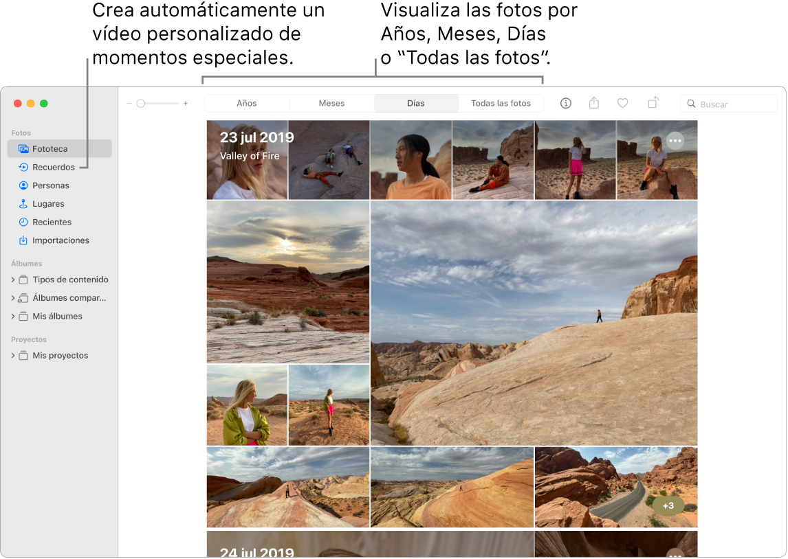 La ventana de Fotos con opciones para ver las fotos de la fototeca (Años, Meses, Días y “Todas las fotos”) en la parte superior de la ventana de Fotos.