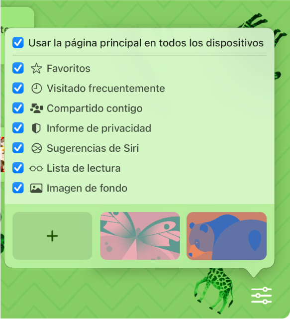 El menú desplegable Personalizar Safari con casillas para Favoritos, “Visitado frecuentemente”, “Informe de privacidad”, “Sugerencias de Siri”, “Lista de lectura” e “Imagen de fondo”.