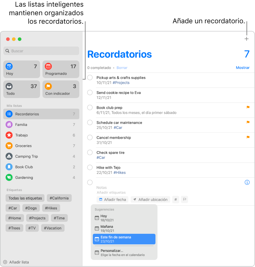 Una ventana Recordatorios con listas inteligentes a la izquierda y otros recordatorios y listas debajo. Hay una pequeña ventana abierta en el menú Sugerencias, con sugerencias para Hoy, Mañana, “Este fin de semana” y Personalizado.