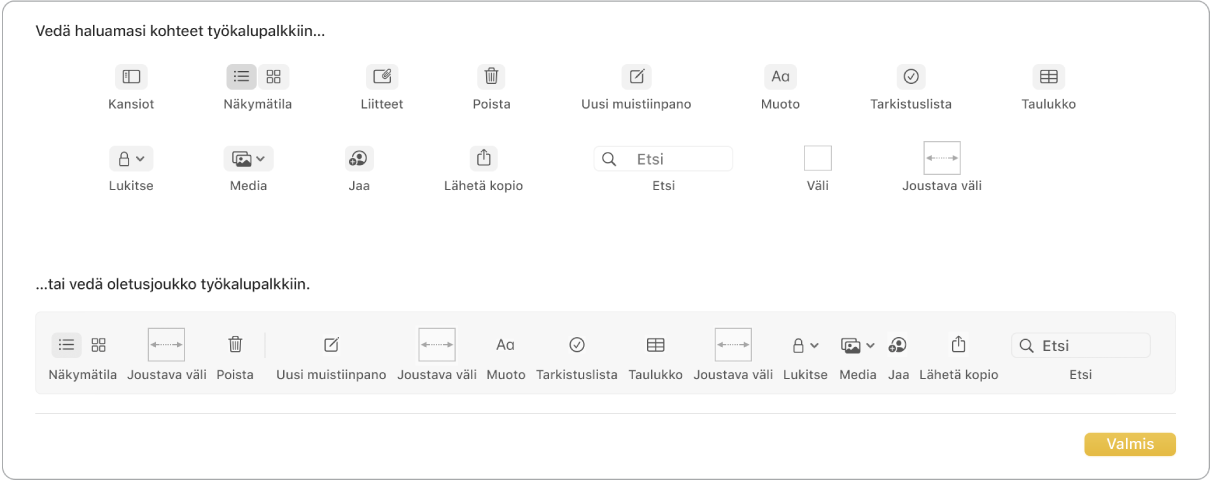 Muistiinpanot-ikkuna, jossa näkyvät käytettävissä olevat työkalupalkin muokkausvalinnat.