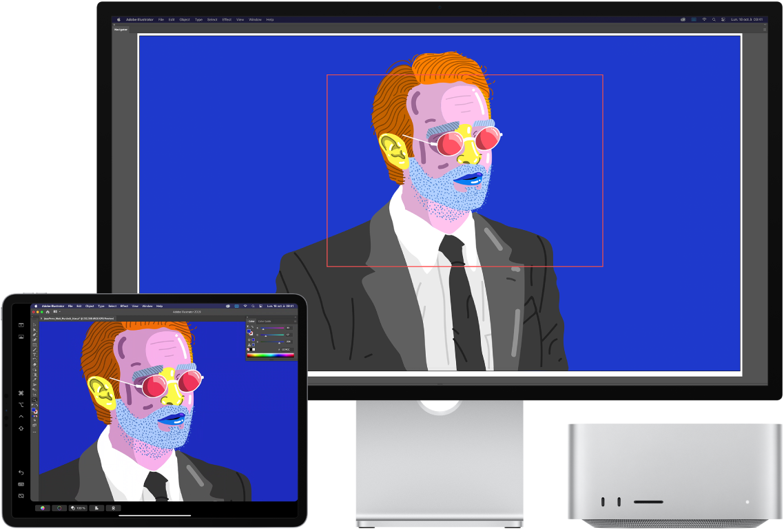 Un Mac Studio et un iPad côte à côte. Le Mac Studio affiche une illustration dans la fenêtre de navigateur d’Illustrator. L’iPad affiche la même illustration dans la fenêtre de document d’Illustrator, entourée par des barres d’outils.
