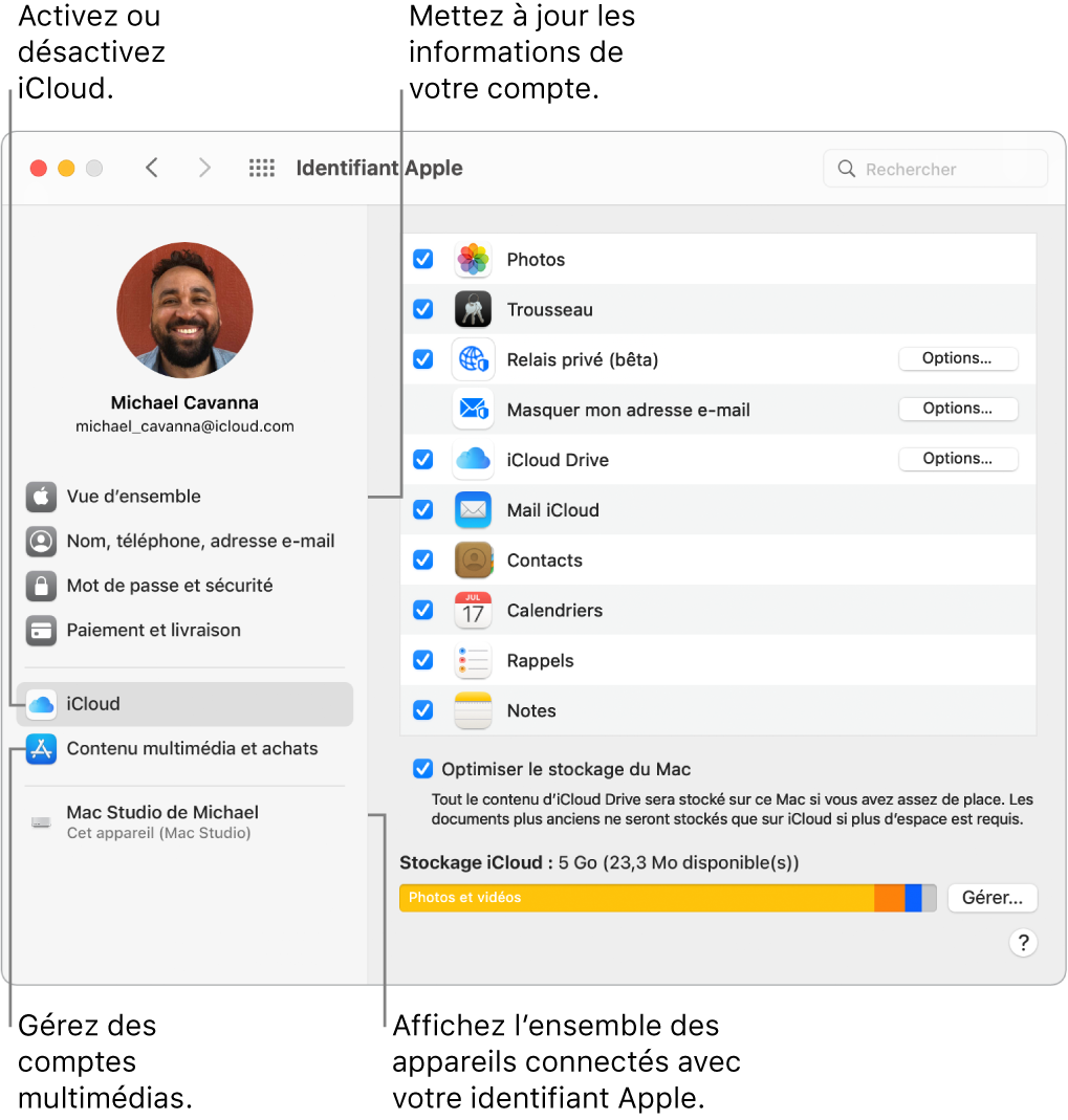 La sous-fenêtre « Identifiant Apple » de « Préférences Système ». Cliquez sur un élément de la barre latérale pour mettre à jour les données de votre compte, activer ou désactiver iCloud, gérer les comptes multimédias et voir tous les appareils connectés avec votre identifiant Apple.