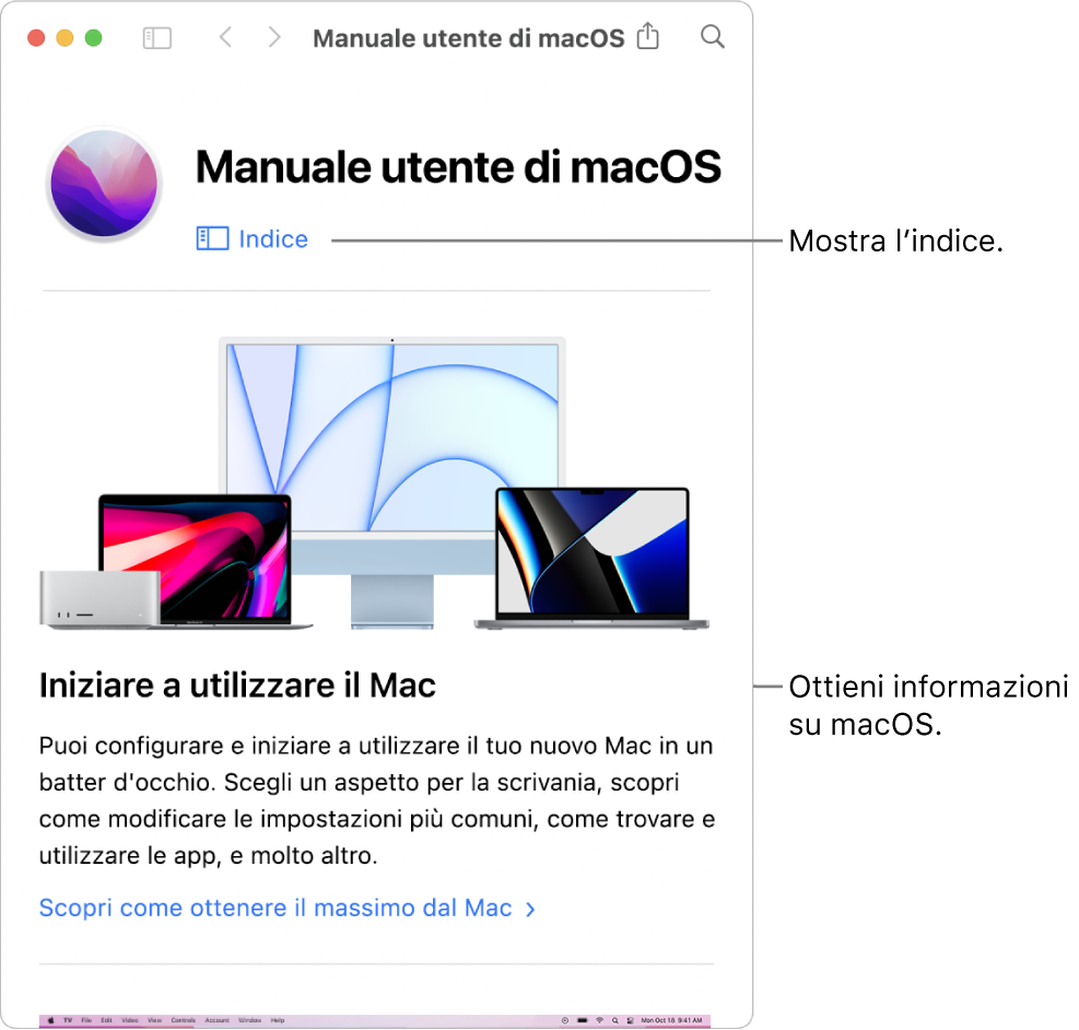 Pagina di benvenuto del Manuale utente di macOS che mostra il link dell’indice.