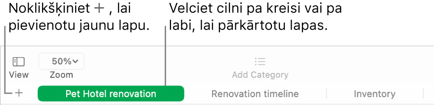 Lietotnes Numbers logā parādīts, kā pievienot jaunu lapu un pārkārtot esošās.