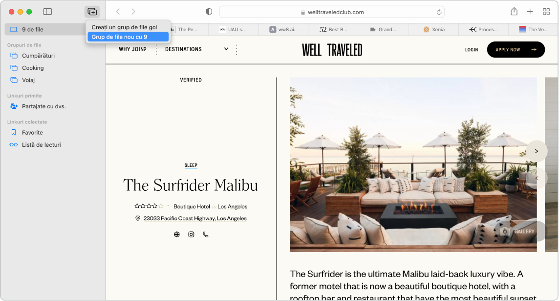 O pagină Safari afișând bara laterală deschisă, cu meniul Grup de file afișat, împreună cu articolele din bara laterală Grupuri de file, Linkuri primite (Partajate cu dvs.) și Linkuri colectate (Favorite, Listă de lectură).