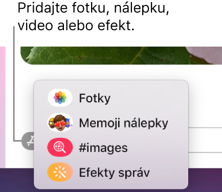 Menu Apky s možnosťami zobrazenia fotiek, Memoji nálepiek, GIF obrázkov a efektov správ.