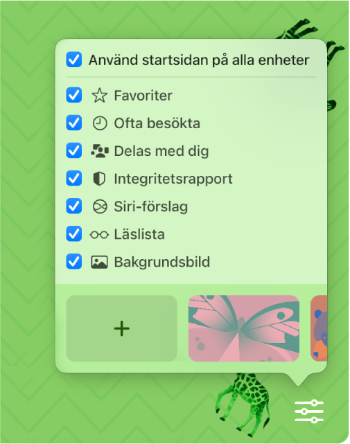 Popupmenyn för anpassning av Safari med kryssrutor för favoriter, ofta besöka, integritetsrapport, Siri-förslag, läslista och bakgrundsbild.