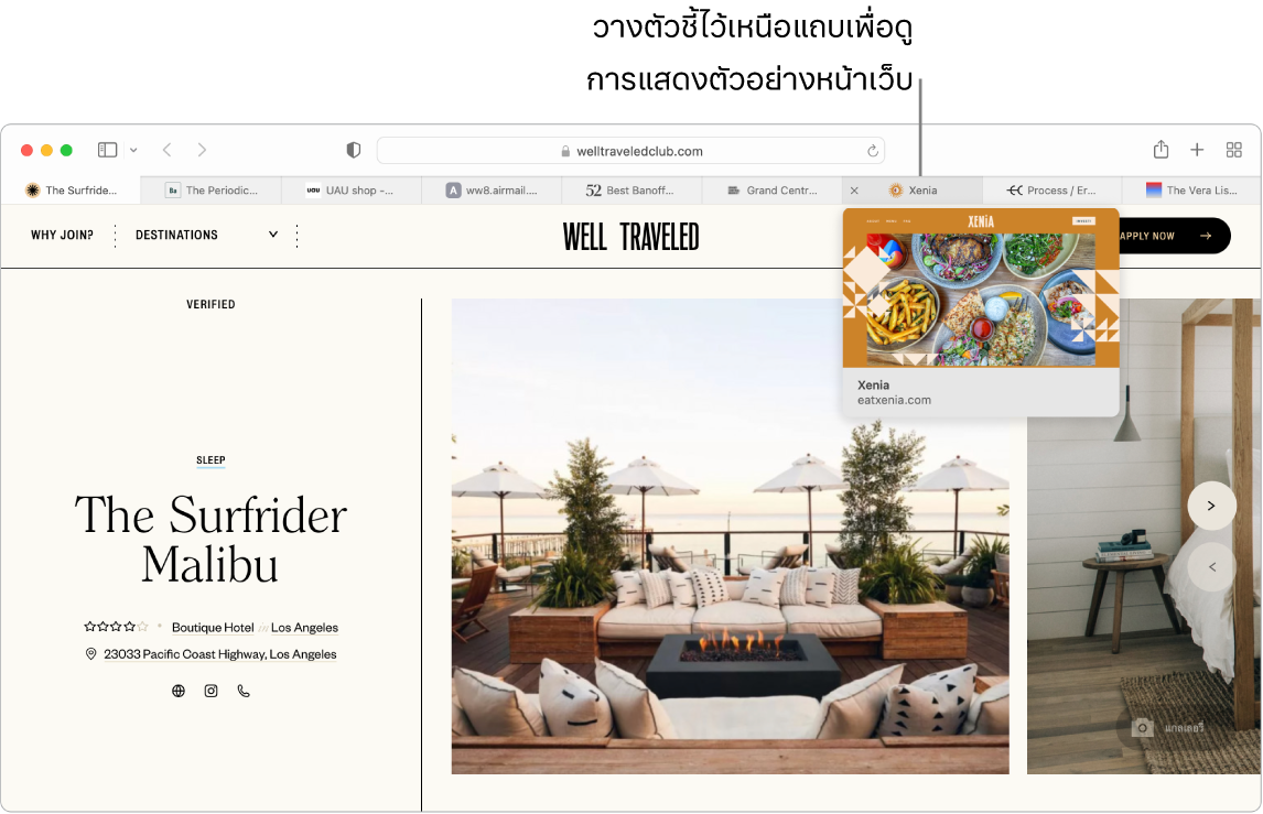 หน้าต่าง Safari ที่มีหน้าเว็บที่ใช้งานอยู่ชื่อว่า “เที่ยวเก่ง” และมีแถบเพิ่มเติม 9 แถบ การแสดงตัวอย่างของแถบ “ตลาดแกรนด์เซ็นทรัล” แสดงใต้แถบนั้น