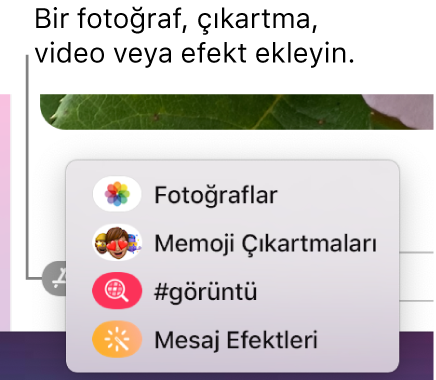 Fotoğrafları, Memoji çıkartmalarını, GIF’leri ve mesaj efektlerini gösterme seçenekleri ile Uygulamalar menüsü.