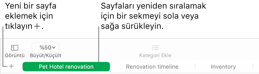 Nasıl yeni sayfa ekleyeceğinizi ve sayfaların sırasını değiştirebileceğinizi gösteren Numbers penceresi.