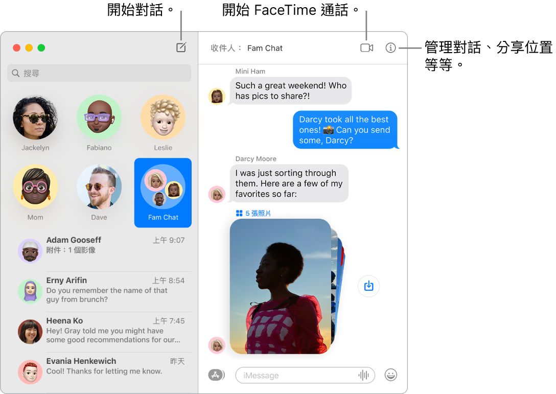 「訊息」視窗，顯示如何開始對話以及如何開始 FaceTime 通話。