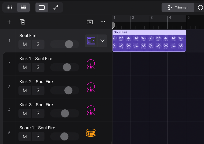 Abbildung. Drum Machine Designer-Spurstapel mit Pattern-Region.