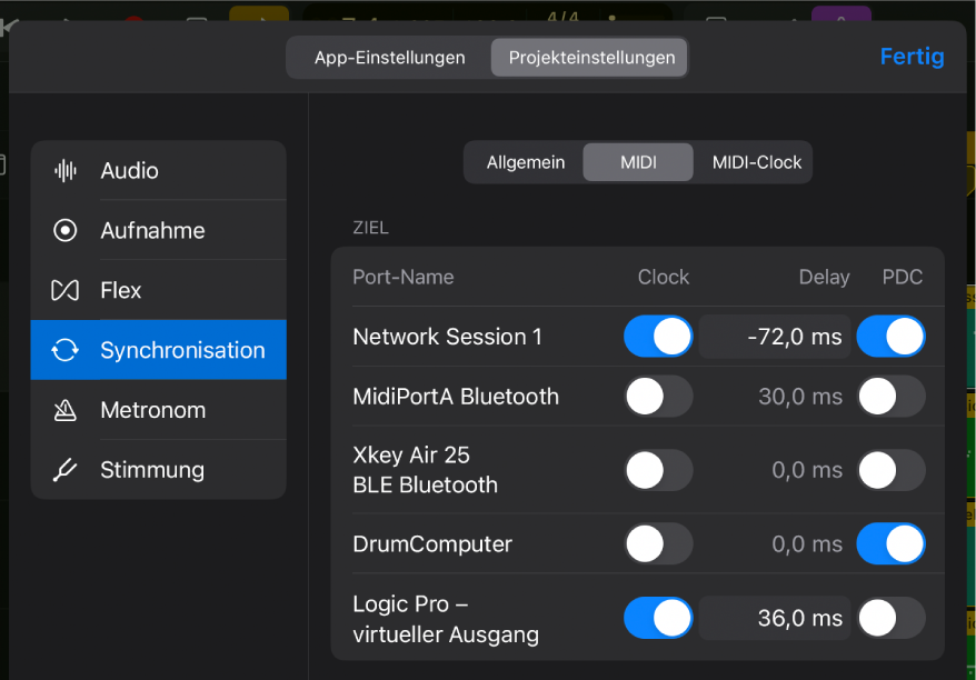 Projekteinstellungsbereich „MIDI-Synchronisation“