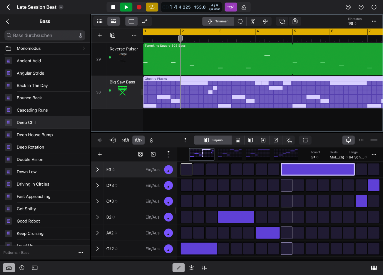 Abbildung. Logic Pro für iPad mit der Ansicht „Patterns“ in der Übersicht.