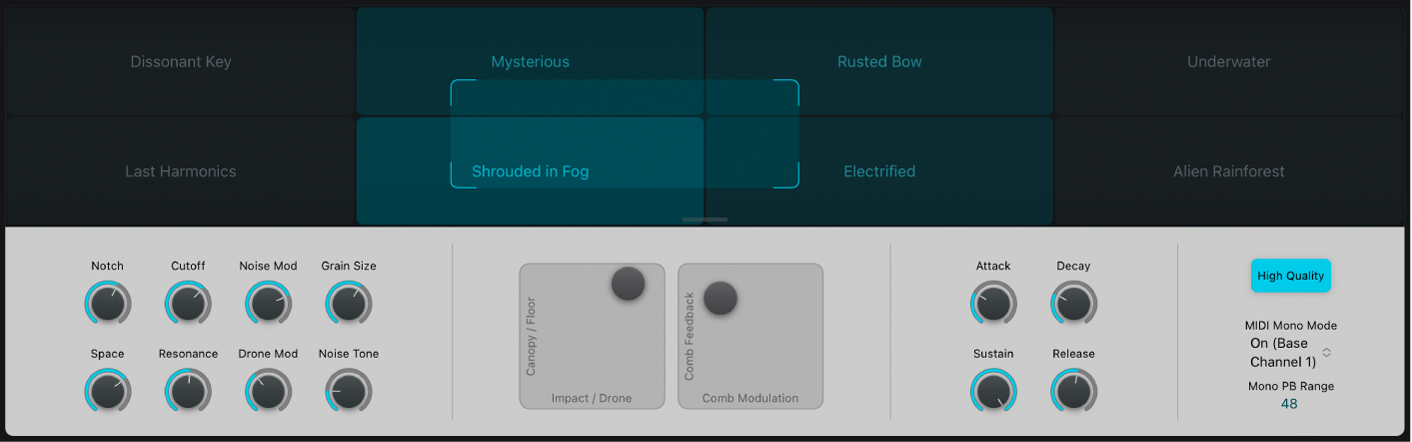 Abbildung. Bereich der Performance-Steuerungen mit „Transform“-Pad, Drehreglern und XY-Pads