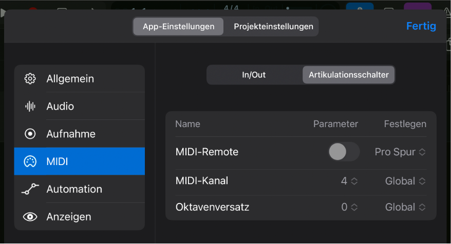 Der MIDI-Einstellungsbereich „Artikulationsschalter“.