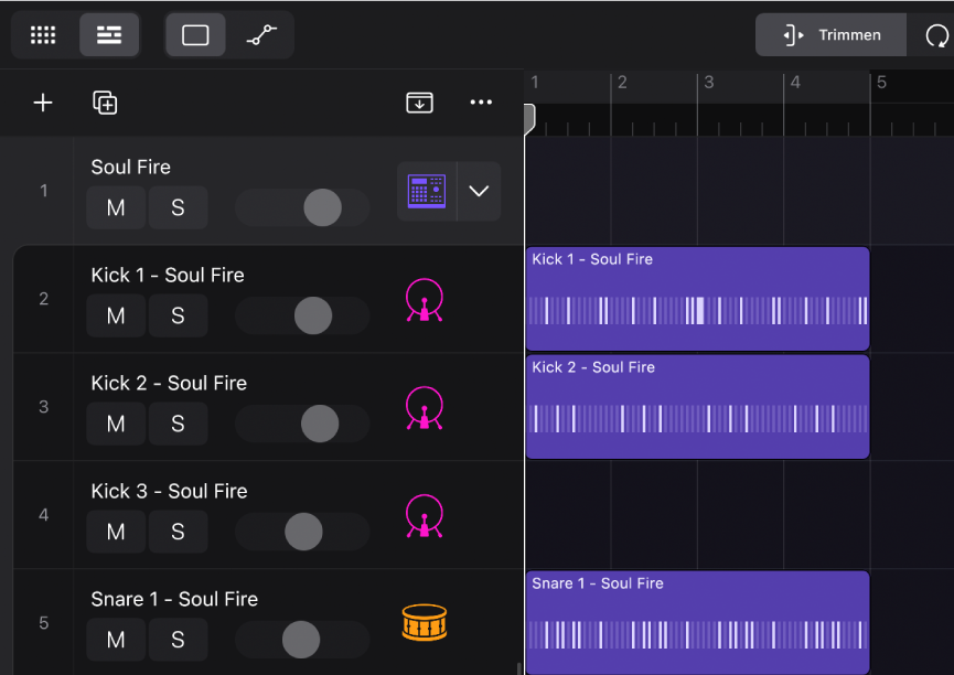 Abbildung. Drum Machine Designer-Spurstapel mit Pattern-Regionen nach Drumkit-Element getrennt.