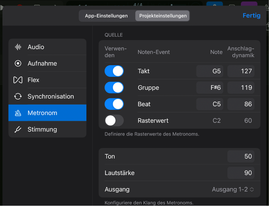 Projekteinstellungsbereich „Metronom“