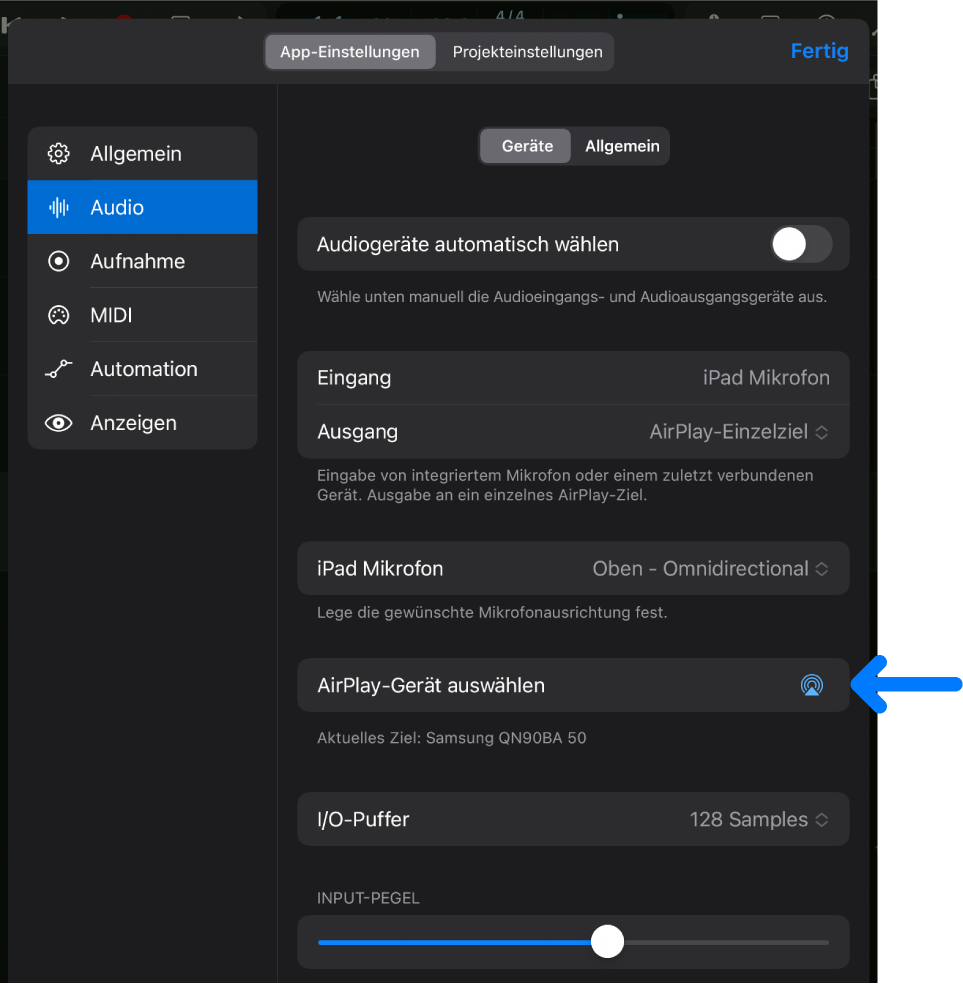 Abbildung. Der Bereich „Geräte“ der Audioeinstellungen mit der Taste „AirPlay-Gerät auswählen“.