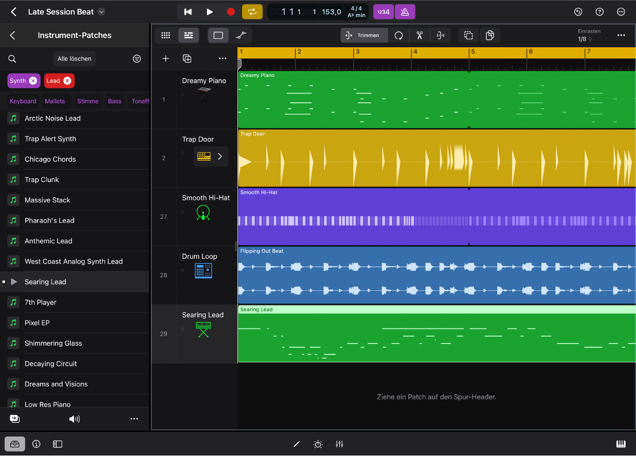 Abbildung. Logic Pro für iPad mit der Ansicht „Instrument-Patches“ in der Übersicht.