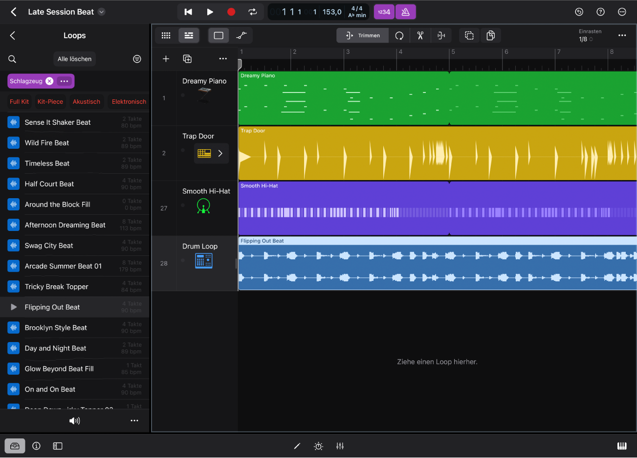 Abbildung. Logic Pro für iPad mit der Ansicht „Loops“ in der Übersicht.