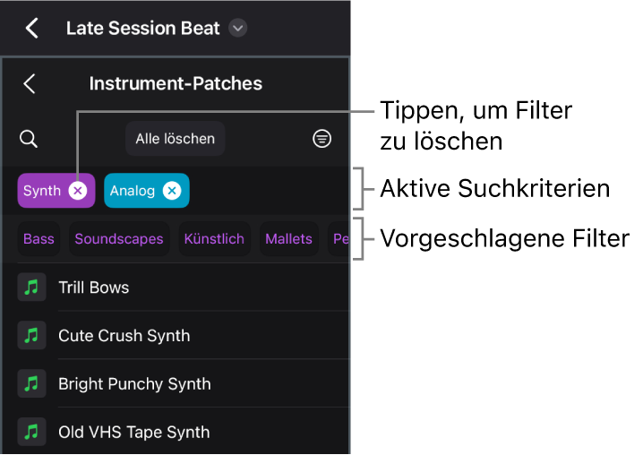 Abbildung. Ansicht der Instrument-Patches in der Übersicht mit aktiven Suchkriterien und Filtervorschlägen.