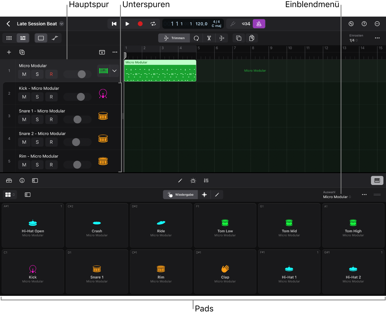 Ein erweiterter Spurstapel und die Spieloberfläche von Drum Machine Designer.