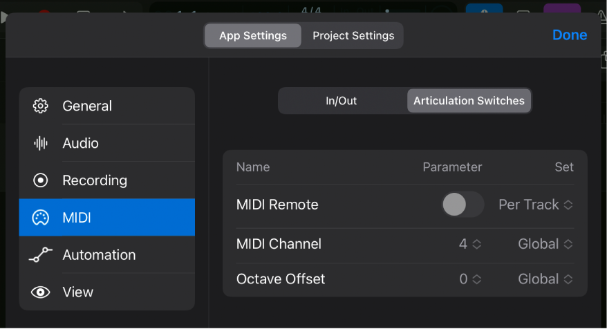 Articulation Switches MIDI settings.