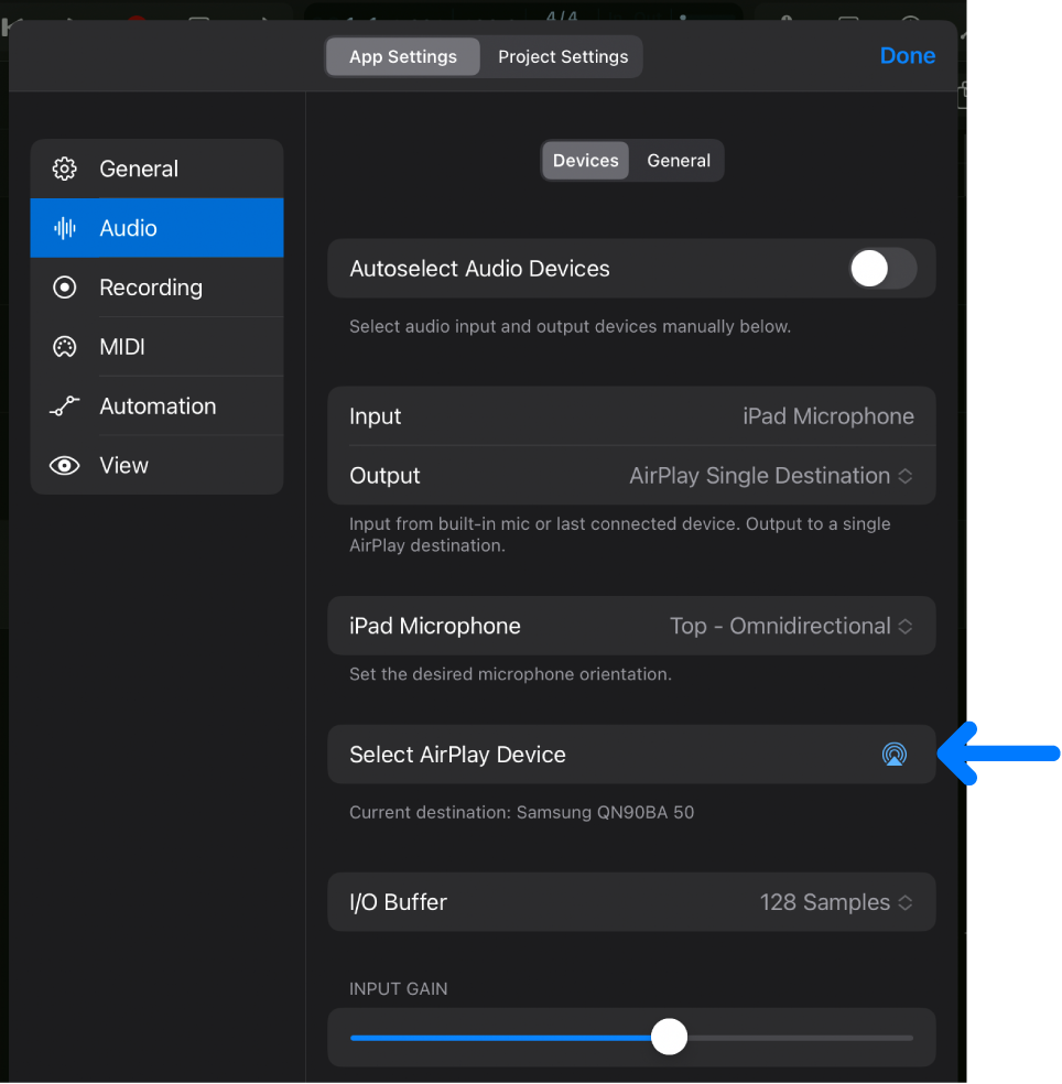 Figure. Devices Audio settings with Select AirPlay Device button.