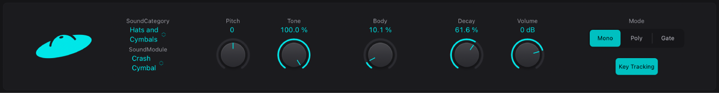 Figure. Drum Synth interface showing a cymbal sound and associated parameters.