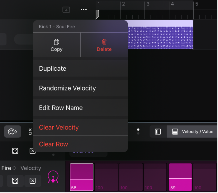 Figure: Reseting the row values to default settings.