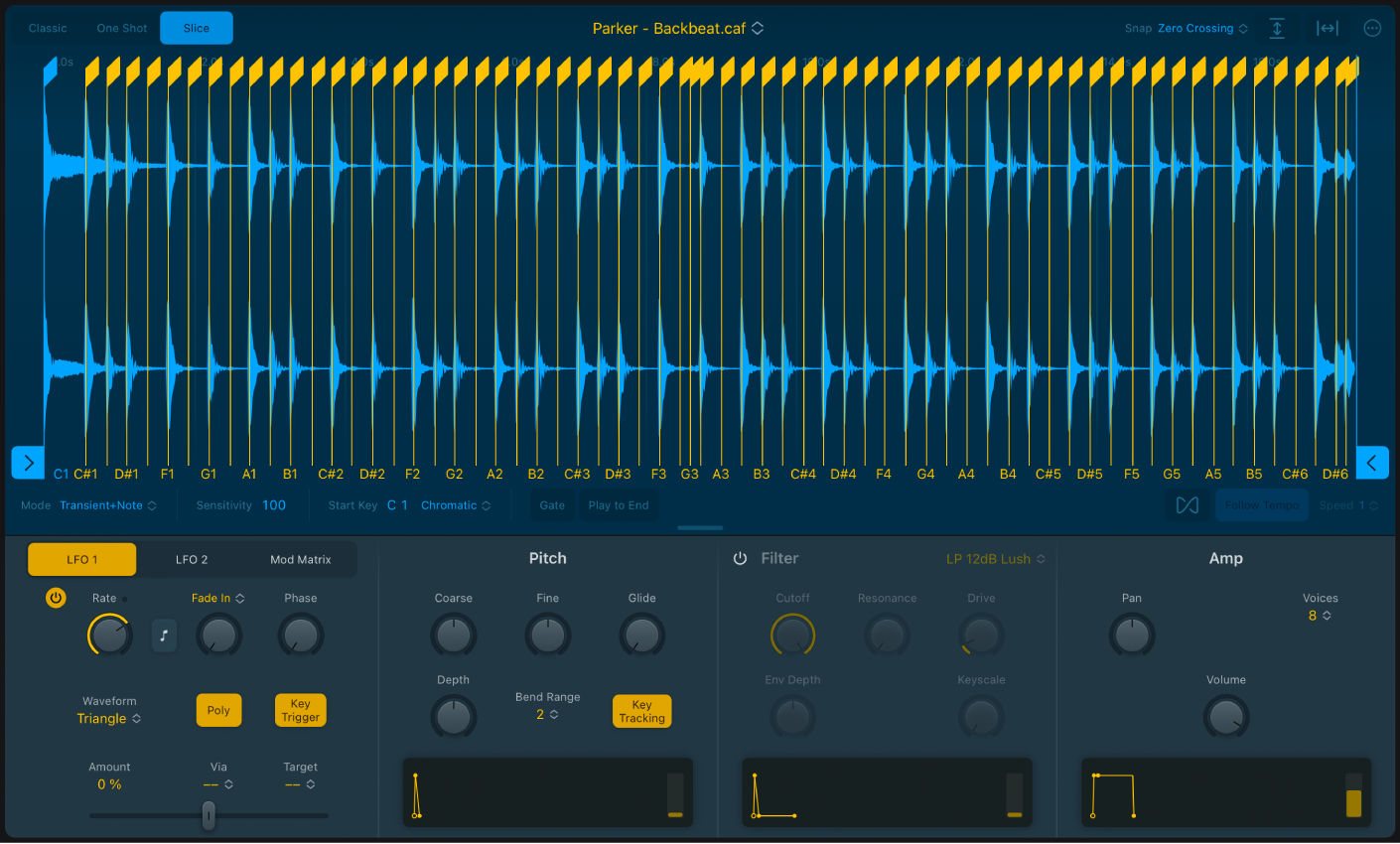 Figure. Quick Sampler Slice mode waveform display, showing start and end markers, slice markers, and related parameters.