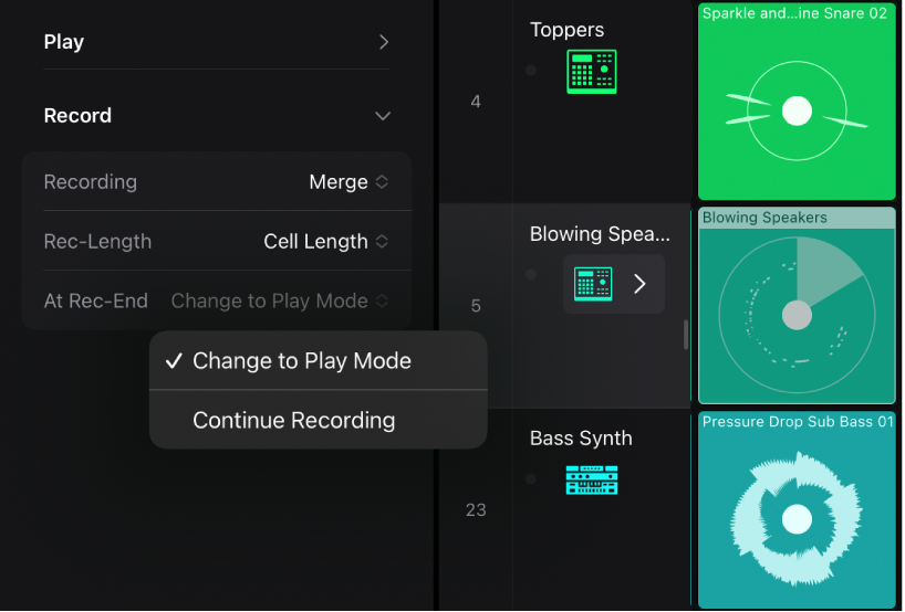 Figure. At Rec-End settings pop-up menu in the Cell inspector.