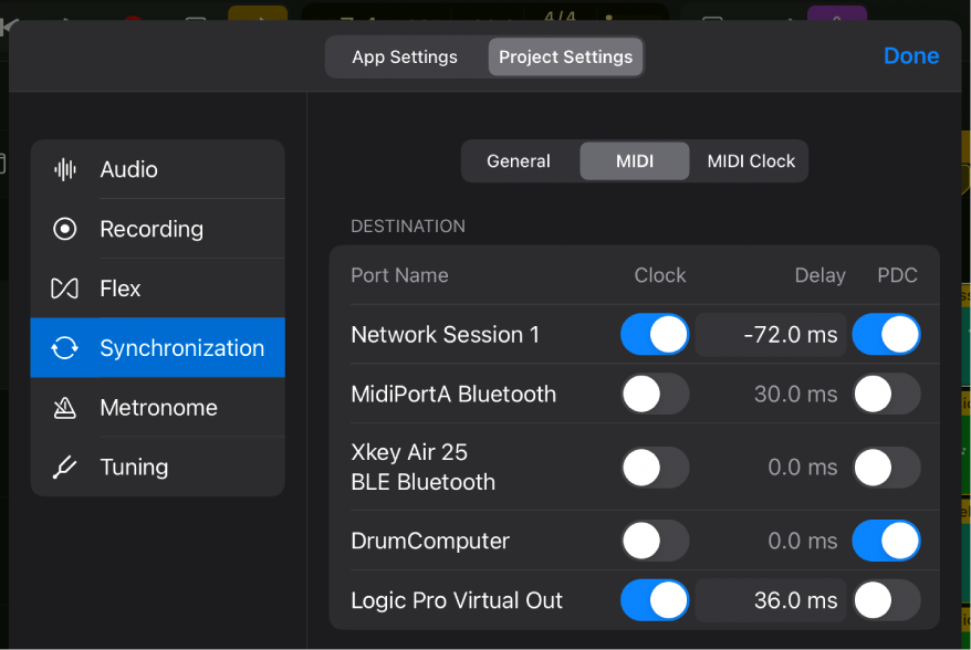 MIDI Synchronization project settings.