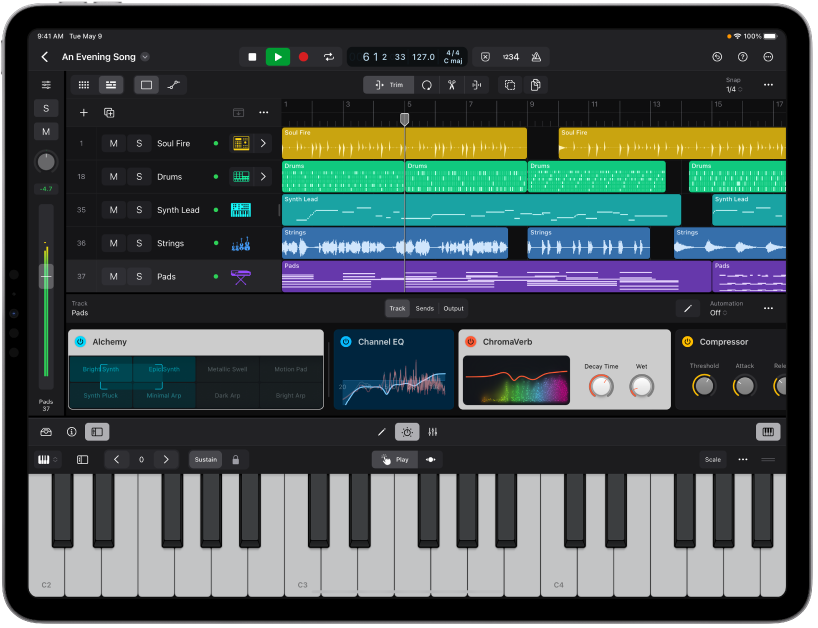 Logic Pro project playing, with Plug-ins area, Fader, and Play Surface open.