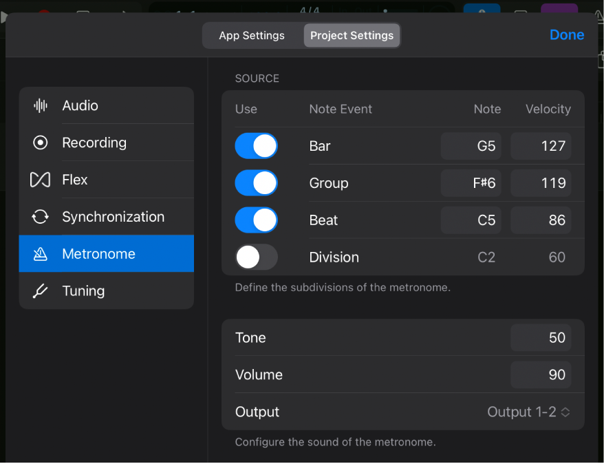 Metronome project settings.