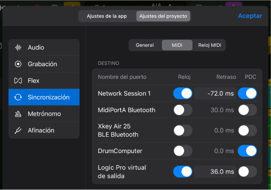 Pestaña MIDI del panel de ajustes del proyecto Sincronización.