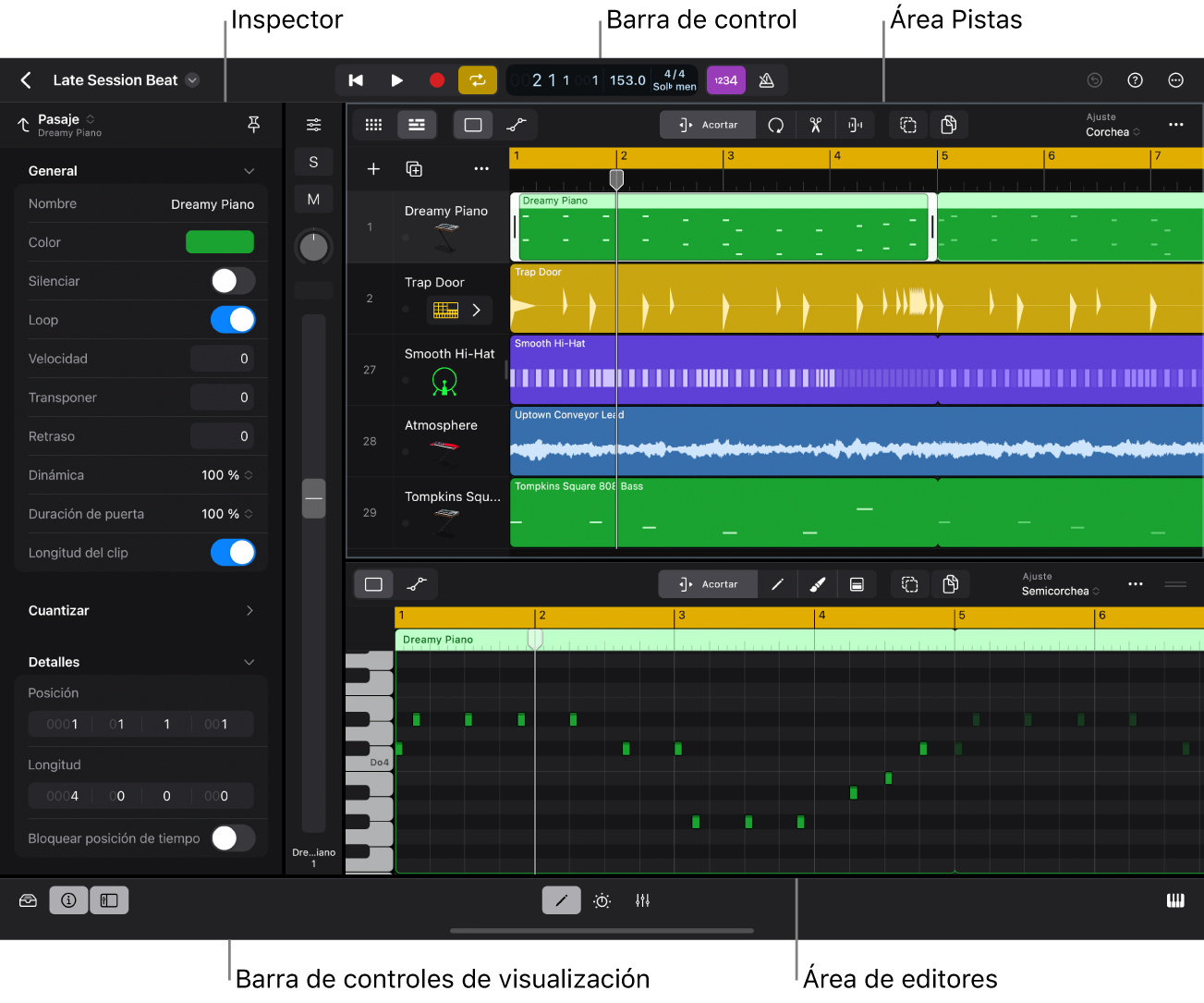 Ilustración. Interfaz de Logic Pro con el área de pistas, el inspector y el editor de teclado abiertos.