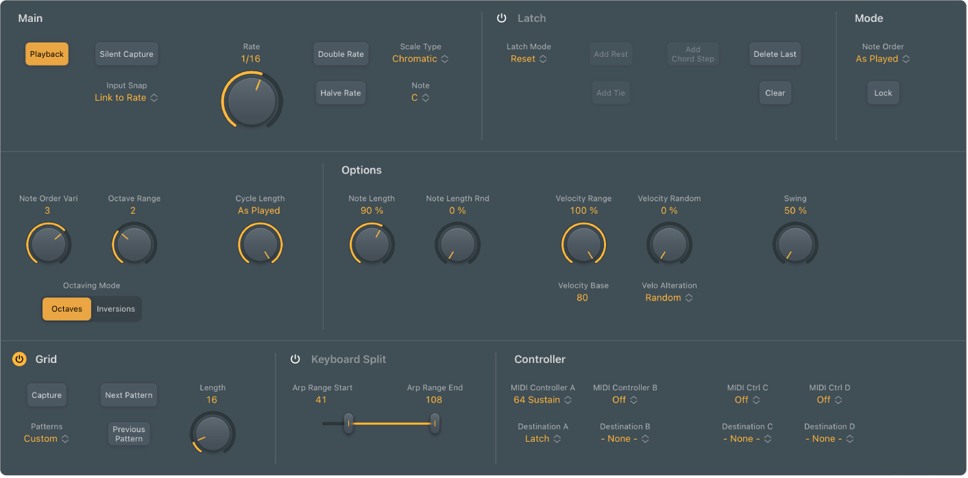 Ilustración. Ventana Arpeggiator, que muestra las principales áreas de la interfaz.