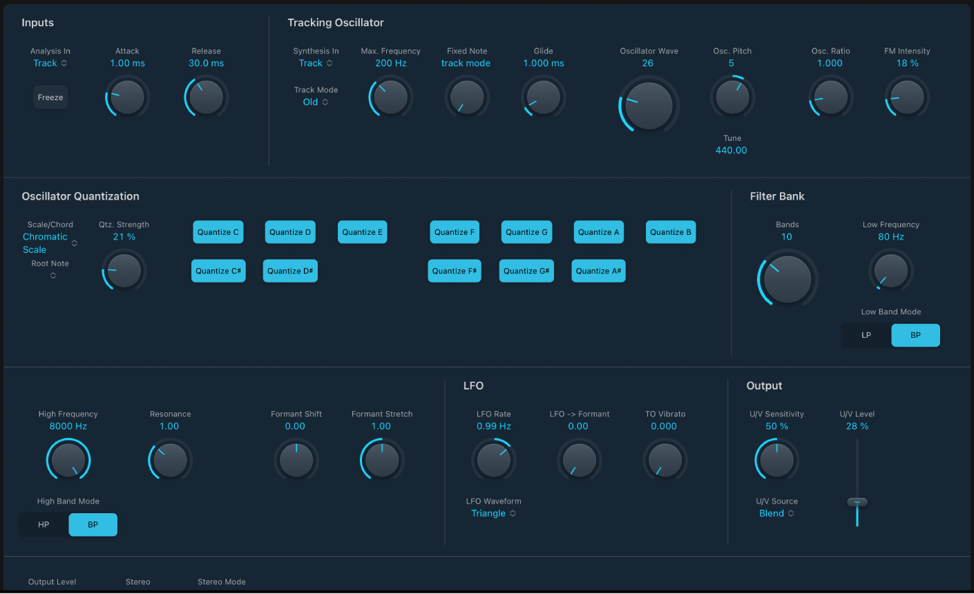 Ilustración. Ventana EVOC 20 TrackOscillator, que muestra las principales áreas de la interfaz.