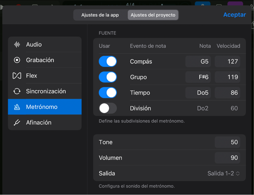 Página Metrónomo de ajustes del proyecto.